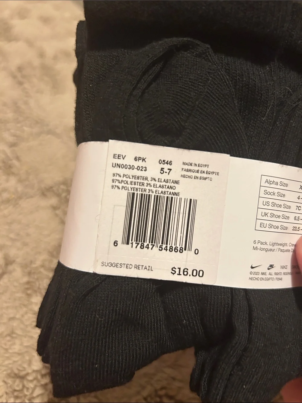 Nike Black Crew Athletic Socks with White Swoosh - 6 Pack